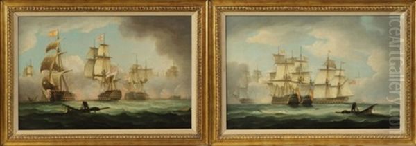 English And French Man O' War Ships Engaged In Combat (pair) Oil Painting by Thomas Buttersworth