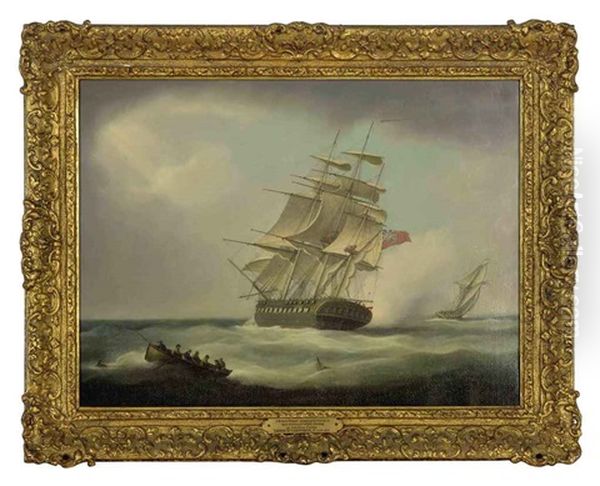 A British Frigate Stopping To Rescue A Man Overboard Whilst Chasing An American Cutter Oil Painting by Thomas Buttersworth