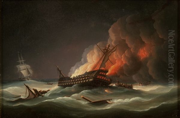 Brennendes Schiff, Bergungsschiffe Und Zweimaster Auf Bewegter See Bei Nacht Oil Painting by Thomas Buttersworth