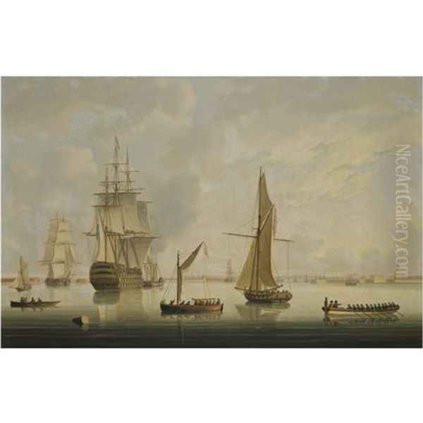 A British Man-of-war Being Towed Into Portsmouth Harbour By A Steam Tug Oil Painting by Thomas Buttersworth