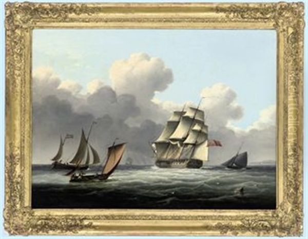 A Royal Naval Frigate Running Down The Channel Amidst Small Craft Oil Painting by Thomas Buttersworth