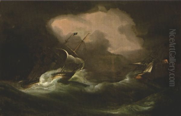 Pirate Ship And Prey In A Stormy Sea Oil Painting by Thomas Buttersworth