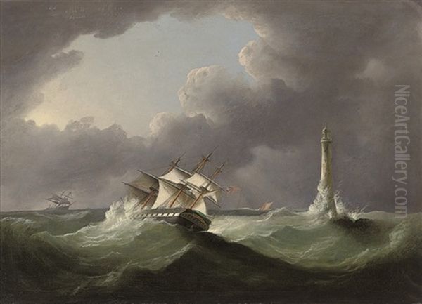 A Merchantman Reefed Down And Running Past The Eddystone Lighthouse In A Gale Oil Painting by Thomas Buttersworth