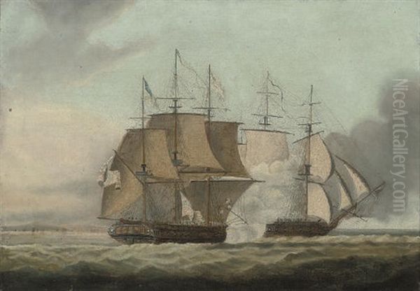 The Action Between H.m.s. "shannon" (+ The U.s.s. "chesapeake"; Pair) Oil Painting by Thomas Buttersworth