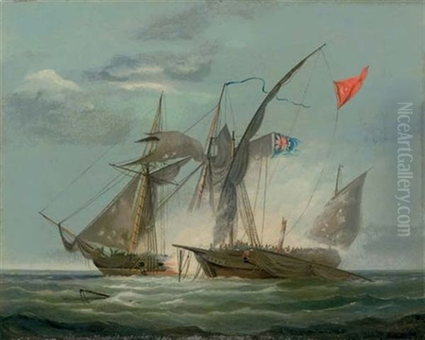 Capture Of A Barbary Corsair By A Naval Brig Oil Painting by Thomas Buttersworth