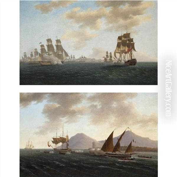 A French Frigate Pursuing A British Merchant Vessel Out Of Harbour (+ An Action Between English And French Vessels; Pair) Oil Painting by Thomas Buttersworth