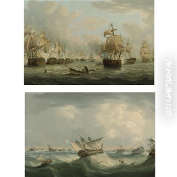 Trafalgar Morning: English Men-of-war Attacking The Line (+ Trafalgar Evening: The French And Spanish Fleet Returning To Cadiz Harbour; Pair) Oil Painting by Thomas Buttersworth