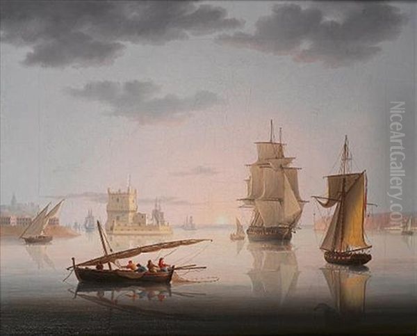 An English Frigate And An Armed Naval Cutter Becalmed In The Tagus Off The Belem Tower Oil Painting by Thomas Buttersworth