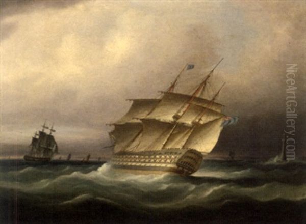 H.m.s. Britannia Bearing Away Down The Channel And Passing The Eddystone Lighthouse Oil Painting by Thomas Buttersworth