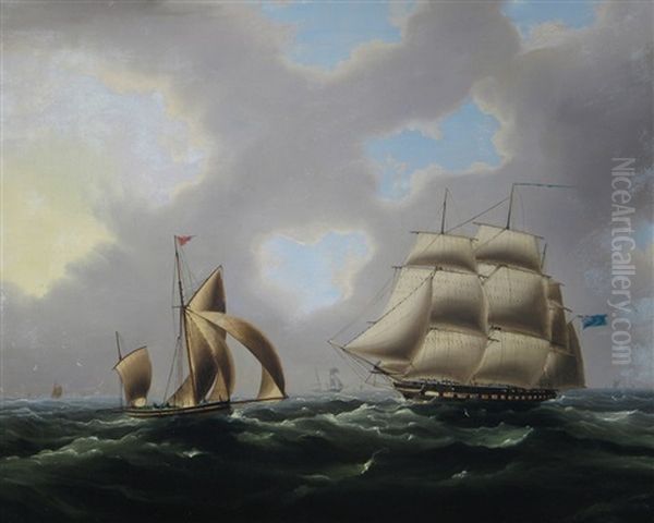 A Naval Frigate And A Yawl In The Channel Oil Painting by Thomas Buttersworth