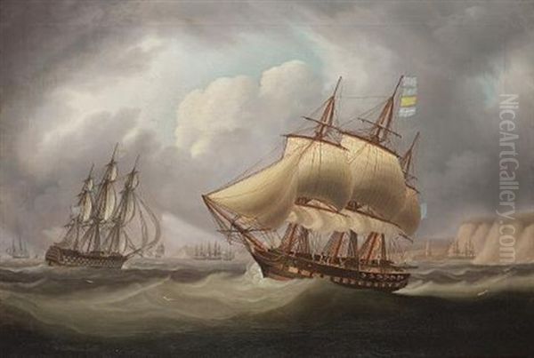 A Royal Navy Frigate Signalling To A Squadron Along The Coast Oil Painting by Thomas Buttersworth