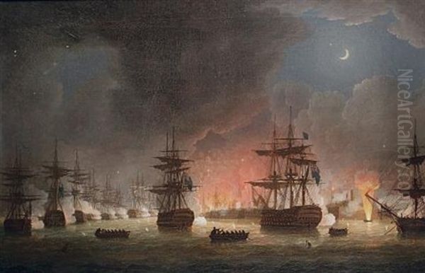 Lord Exmouth's Attack On Algiers By Night, 27th. August 1816 Oil Painting by Thomas Buttersworth