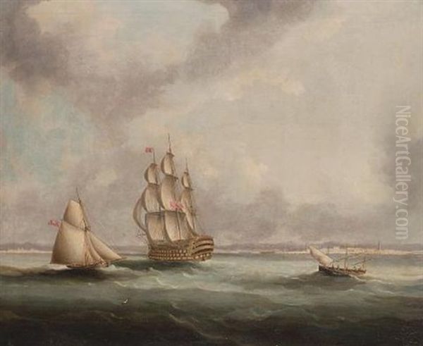 A First Rate Ship-of-the-line Passing Cadiz With An Armed Cutter Off Her Port Quarter Oil Painting by Thomas Buttersworth