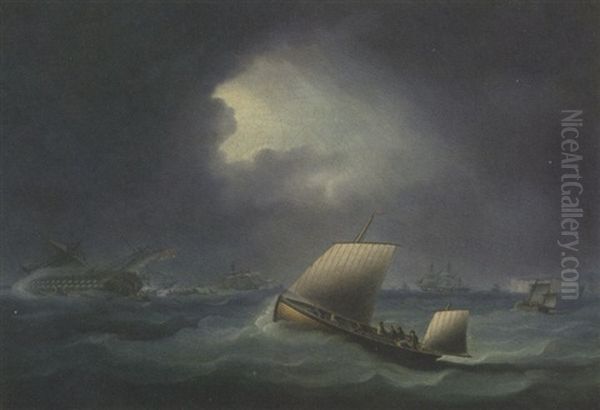 A British Warship And Other Shipping In The Channel Caught In A Gale With A Pilot Lugger Going To Rescue Oil Painting by Thomas Buttersworth