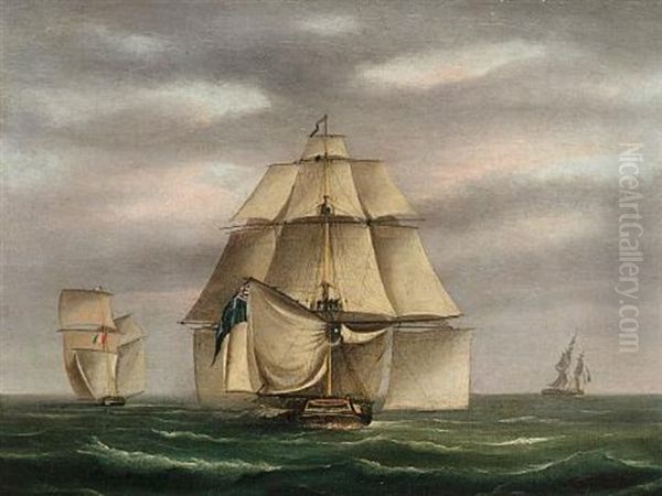 In Pursuit (+ A Frigate Passing Dover Castle; 2 Works) Oil Painting by Thomas Buttersworth