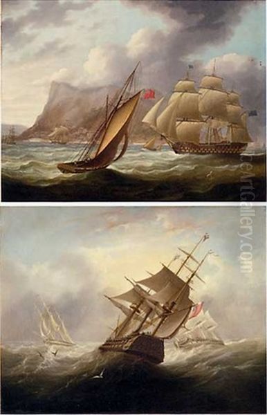 A Seventy-four Gun Third Rate Weaving Her Way Through Smaller Craft As She Enters Gibraltar (+ Two Frigates Caught In Heavy Seas, The Larger On A Collision Course With An On-coming Two-decker; Pair) Oil Painting by Thomas Buttersworth