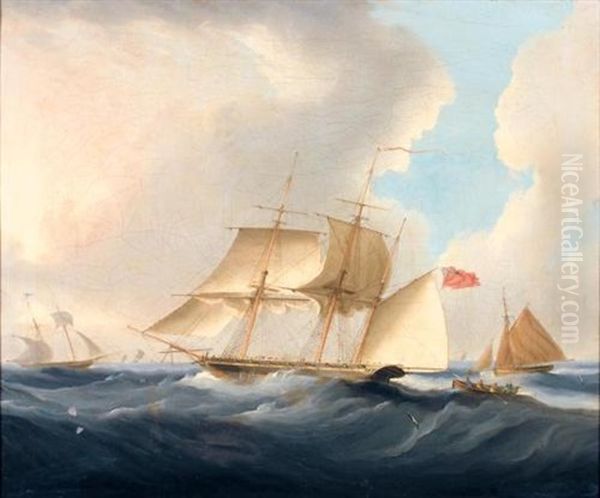 An Armed Sloop Hove To Awaiting A Pilot Boat, In A Stiff Breeze Oil Painting by Thomas Buttersworth