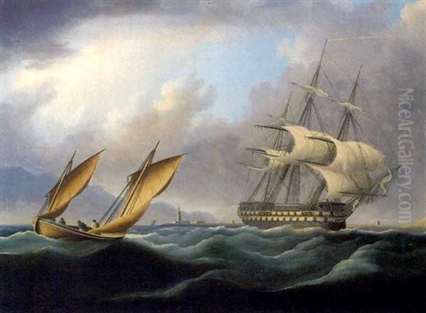 A Two-decker, Heavily Reefed, Running Down The Coast Of Spain, During The Royal Navy's Blockade Oil Painting by Thomas Buttersworth