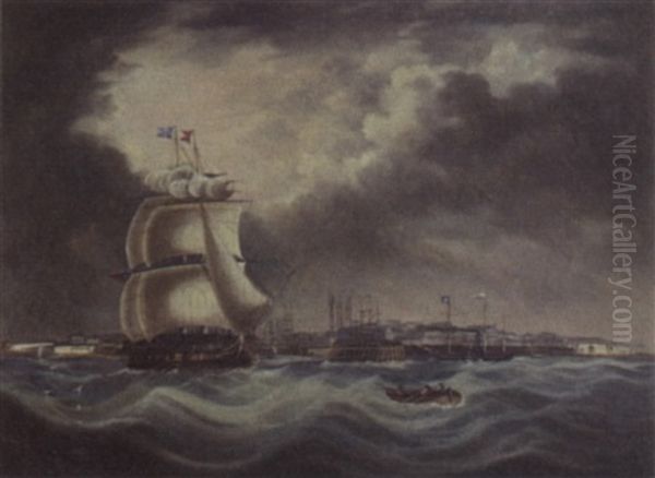 Ships Leving Harbor Oil Painting by Thomas Buttersworth