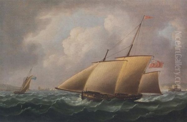 An Armed Naval Lugger Patrolling Off The Mouth Of The Tagus With The Belem Tower In The Far Distance Off Her Starboard Bow Oil Painting by Thomas Buttersworth