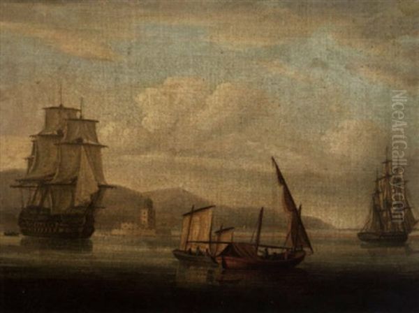 A British Man-o-war, A Frigate And Local Craft In A Light Breeze Off A Mediterranean Lighthouse Oil Painting by Thomas Buttersworth