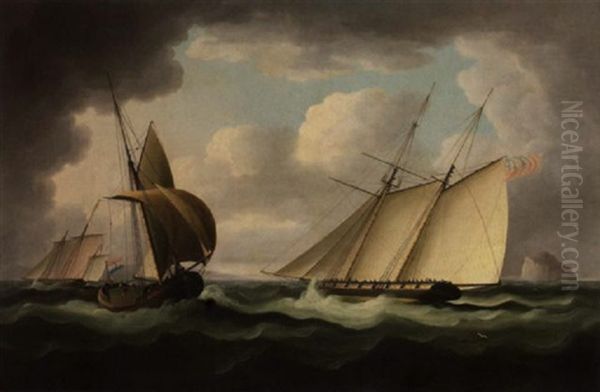 A Two-masted Naval Schooner In Pursuit Of An Armed French Lugger Off The Bass Rock, North Berwick Oil Painting by Thomas Buttersworth