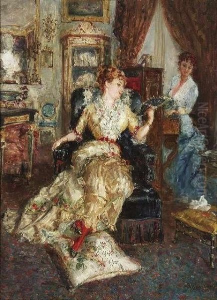 Music Hour. A Lady In A Parlour Is Listening To The Piano Playing Of A Friend. Oil/panel, Signed Oil Painting by Saverio Francesco Altamura