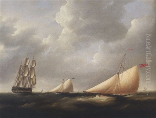 British Ship And Two Racing Yachts At Sea Oil Painting by Thomas Buttersworth