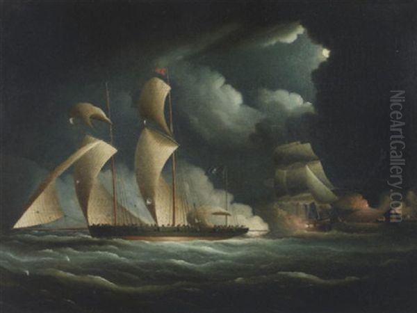 Privateer In Pursuit Off Volcanic Mountain Oil Painting by Thomas Buttersworth