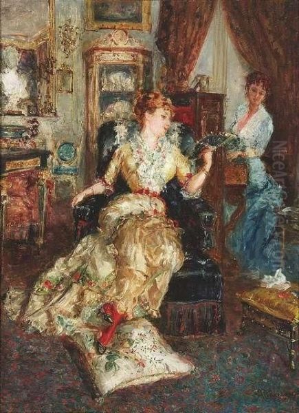 A Lady In A Parlour Is Listening To The Piano Playing Of A Friend Oil Painting by Saverio Francesco Altamura