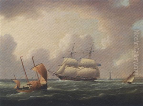 British Brig Rounding The Eddystone Lighthouse Oil Painting by Thomas Buttersworth