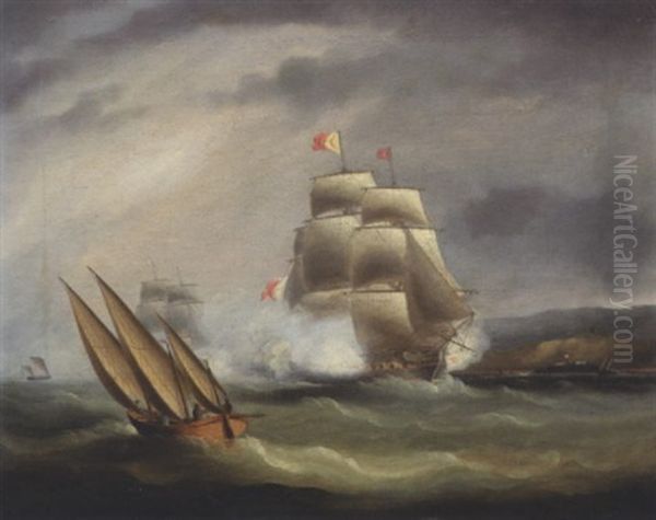 Sea Battle In The Mediterranean Oil Painting by Thomas Buttersworth