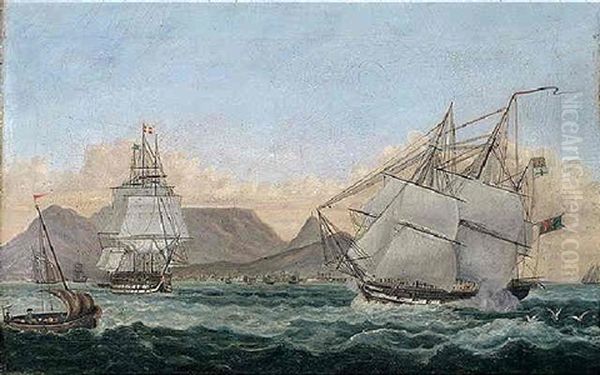 Danish And British Shipping Off Cape Town Oil Painting by Thomas Buttersworth