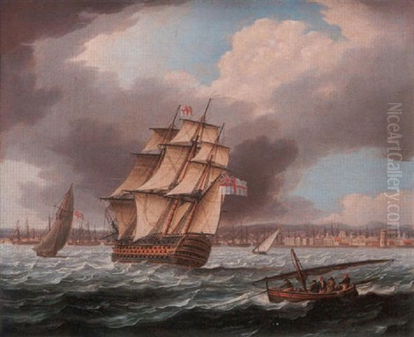 A Large First Rate, Probably A Flagship, Arriving Off Cadiz, The Spanish Fleet Lying At Anchor In The Roadstead Oil Painting by Thomas Buttersworth