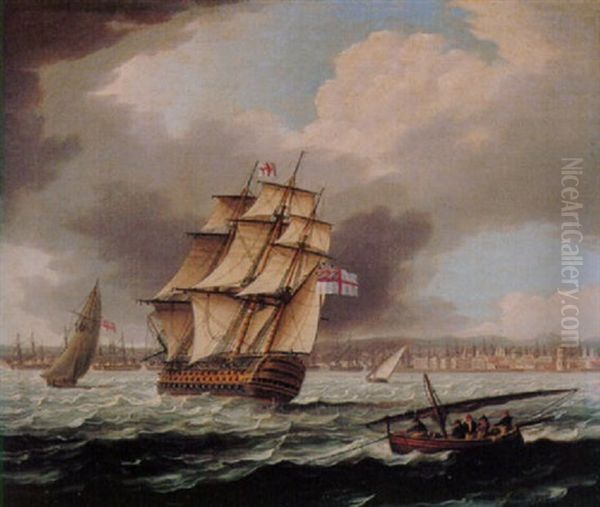 The Flagship Of The White Squadron With A Naval Cutter Off A Spanish Port Oil Painting by Thomas Buttersworth