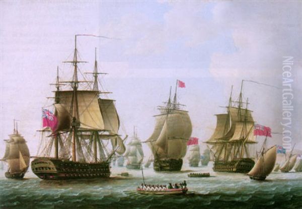 The English Fleet, With An Admiral Approaching A Ship Of The Line by Thomas Buttersworth