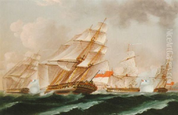 A Napoleonic Frigate Action Oil Painting by Thomas Buttersworth