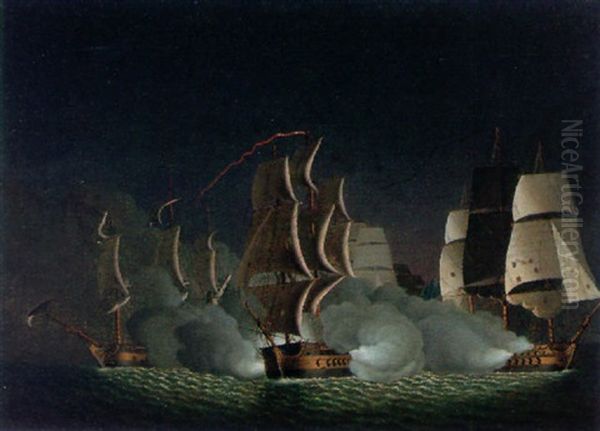 A Naval Engagement Oil Painting by Thomas Buttersworth