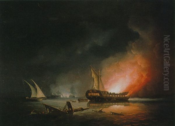 A Frigate On Fire After A Battle Oil Painting by Thomas Buttersworth