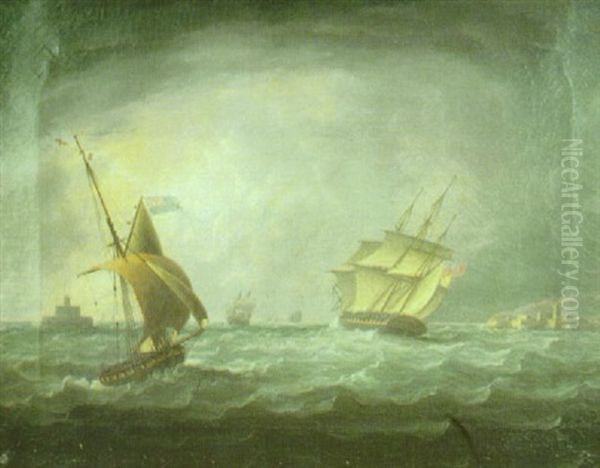 British Shipping Off A Coast Oil Painting by Thomas Buttersworth