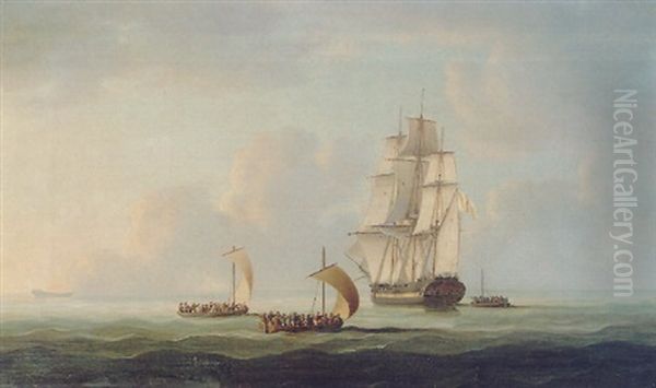 A Merchantman Taking On Board Survivors From A Burning Ship Oil Painting by Thomas Buttersworth