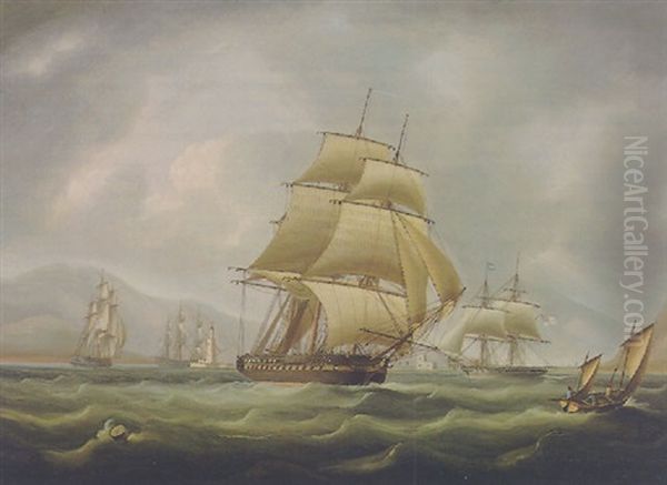 British Men Of War Under Way In The Straits Of Messina Oil Painting by Thomas Buttersworth