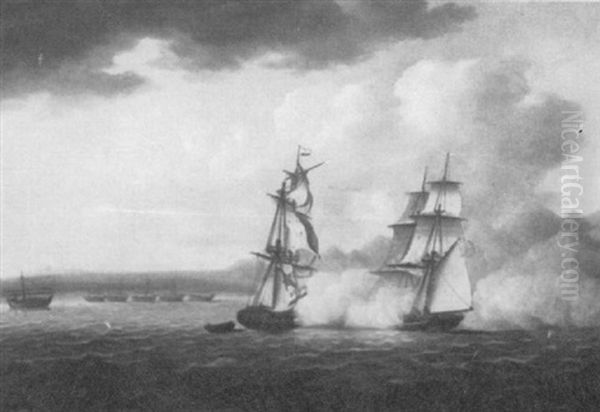 A Battle Scene Between French And British War Ships Oil Painting by Thomas Buttersworth