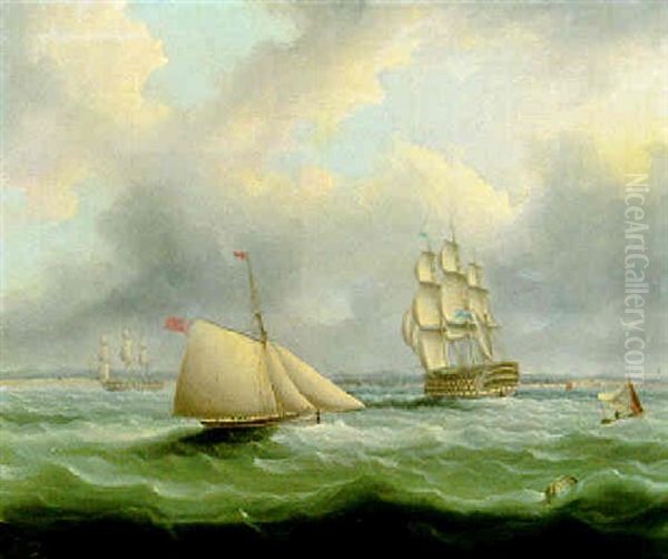 An Inbound Flagship Of The Blue Squadron And Other Naval Vessels In Plymouth Sound Oil Painting by Thomas Buttersworth