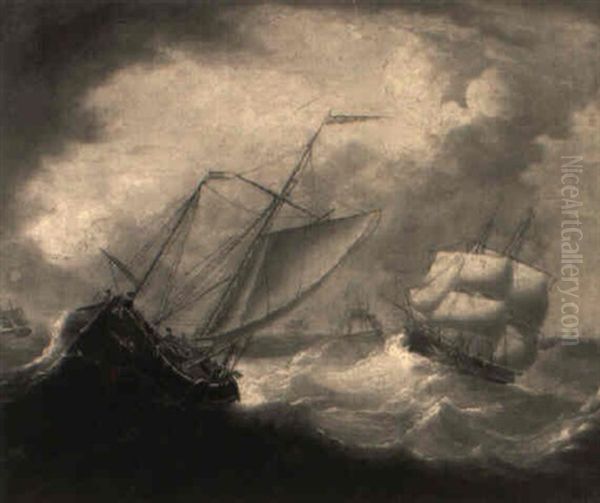 A Fishing Smack And Men O'war On The High Seas Oil Painting by Thomas Buttersworth