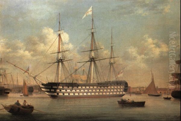 H.m.s. 'britannia' Lying Off Plymouth Yard, Devonport Oil Painting by Thomas Buttersworth