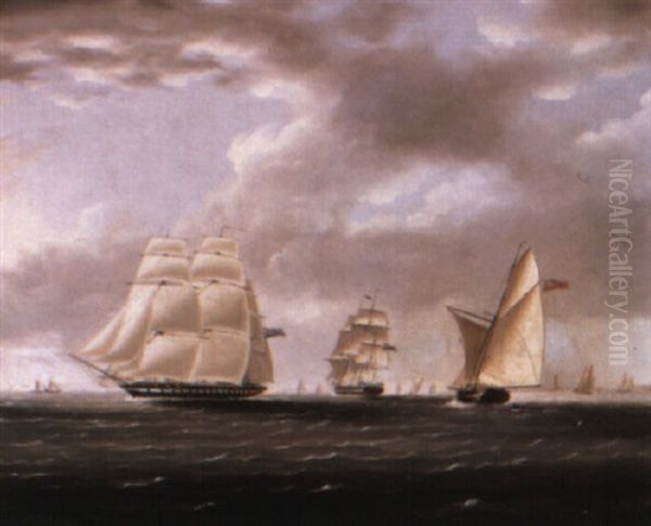 Two British Friagtes And A Yawl Passing Off A Coast Oil Painting by Thomas Buttersworth