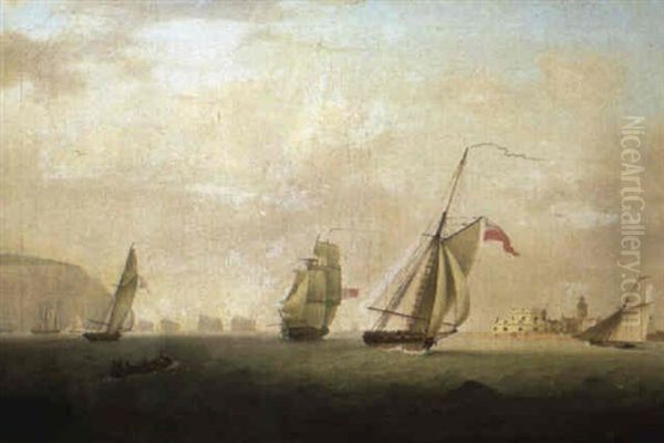 Naval Shipping In The Solent Between Hurst Castle And The Needles Oil Painting by Thomas Buttersworth