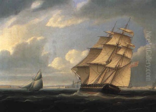 A Frigate Entering Portsmouth Harbour Oil Painting by Thomas Buttersworth