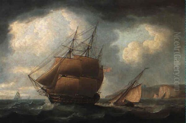 A Man Of War And Revenue Cutter Off The Coast Oil Painting by Thomas Buttersworth